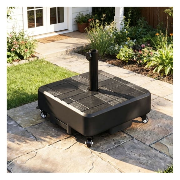 Terrace Umbrella Base, Black - Heavy Duty 18.9" Outdoor Patio Stand; Fits 1.5" & 1.89" Poles; Water/Sand Filled; Wheels with Brakes