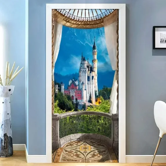 Terrace View Door Sticker Balcony Scenery Decal Removable Castle Courtyard Landscape Mural Poster W