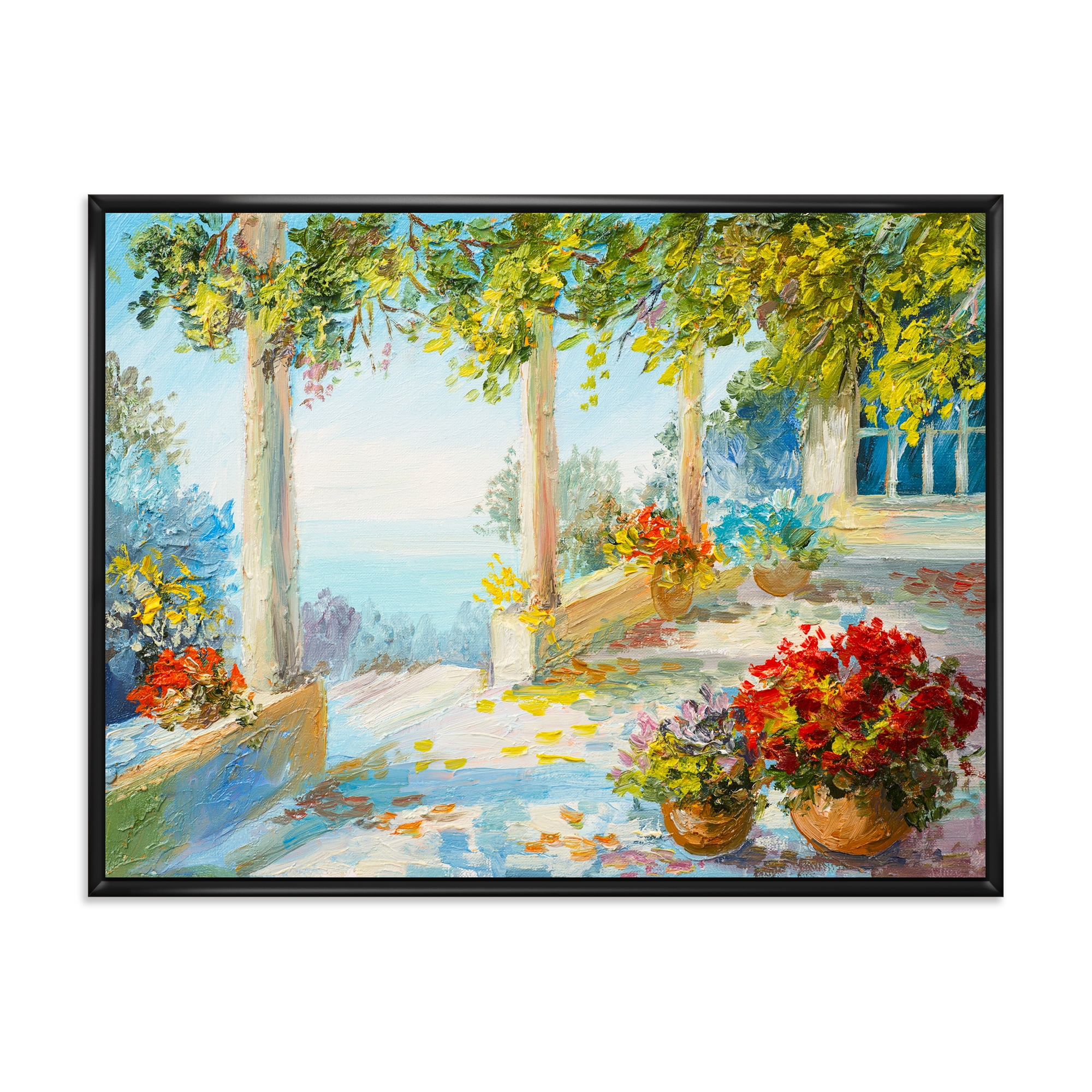 Terrace With Red Flowers Near The Sea 32 in x 24 in Framed Painting Canvas Art Print, by Designart