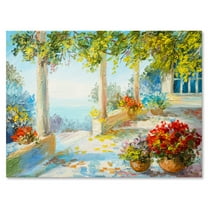 Terrace With Red Flowers Near The Sea 8 in x 12 in Painting Canvas Art Print, by Designart