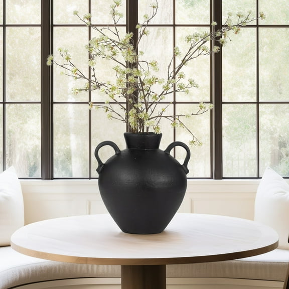 Modern Black Terracotta Vase - Handcrafted Pottery Jug with Handles - Rustic Decorative Vase for Home, Office, Living Room & Tabletop - Stylish Boho Accent Piece - 17" Black