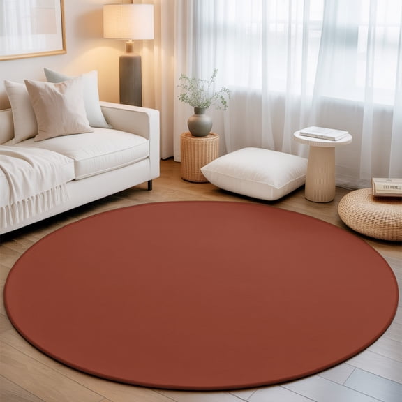 Terracotta 3.3' Round Rug for Bedroom Reading Corner, Rustic Red Solid Background Autumnal Rustic Farmhouse Washable Non Slip Circle Area Rug