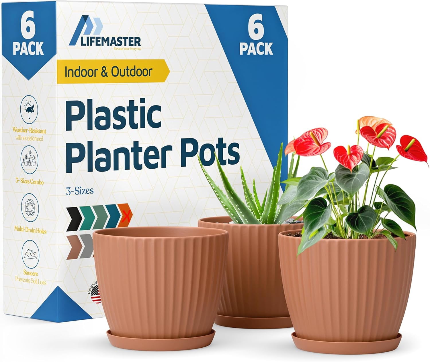 Terracotta 6-Inch Plant Pots with Drainage & Saucers 6 Pack, Indoor & Outdoor Planters for Houseplants, Herbs, and Flowers, Durable & Weatherproof Material, Stackable, Lightweight, Minimalist Design