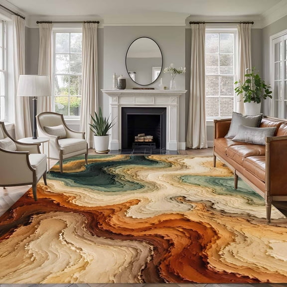Terracotta Abstract 8'x10' Area Rug for Living Room, Modern Orange Green Waves Fluid Art Washable Non-Slip Large Carpet for Bedroom Dining Room, Non-Shedding Soft Accent Rug for Kitchen