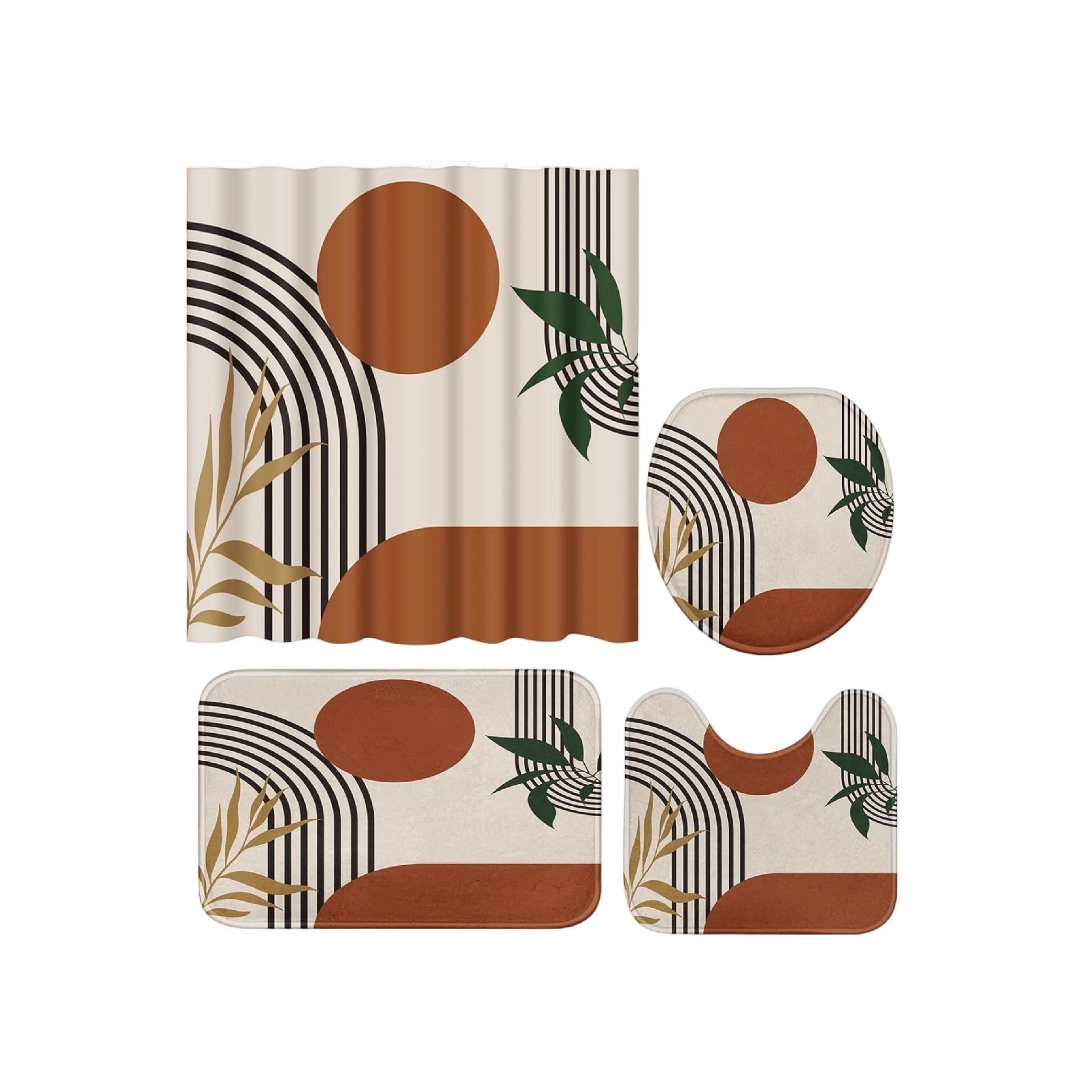 Terracotta Arch Leaf Pattern Shower Curtain Bathroom Combo, 4‑Piece Kit ...