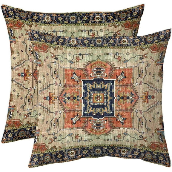 Terracotta Aztec Boho Pillow Cover 18x18 Inch Vintage Persian Carpet Retro Rust Throw Pillows Decorative Square Pillow Cases Farmhouse Outdoor Accent Cushion Cover for Couch Bedroom Sofa Porch Set 2