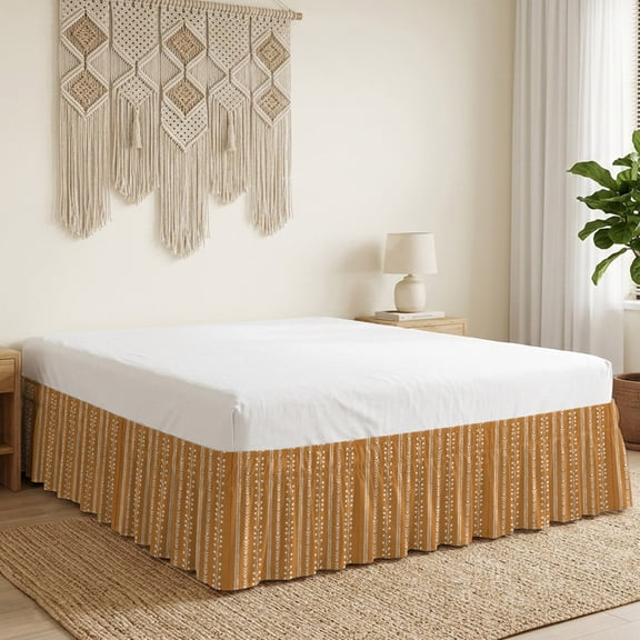 Terracotta Bed Skirt Bed Skirts King Size 16 Inch Drop, Rustic Vertical Dashed Lines Shabby Chic Leaf Cottagecore Wrap Around Dust Ruffle Bedskirt with Adjustable Elastic Belt for King Size Beds