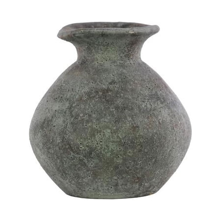Terracotta Bellied Round Flower Pot with Uneven Lips, Short Neck & Tapered Bottom, Washed Concrete Finish - Gray