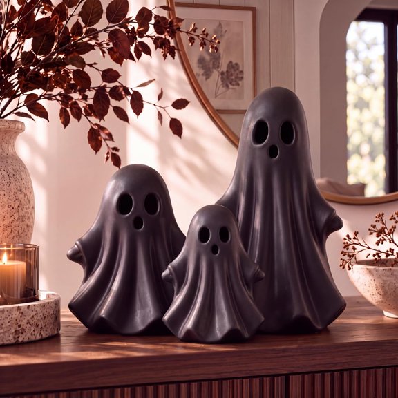 Terracotta Black Ghost Figurines Set of 3, Halloween Ceramic Tabletop Decor with Candle Bottom Hole