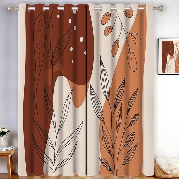 Terracotta Blackout Curtains For Bedroom Living Room Drop Abstract Leaves Eyelet Curtain Bohemian Thermal Insulated Noise Reducing Drapes Window Treatment Sets 38"W x 45"L (Pack of 2)