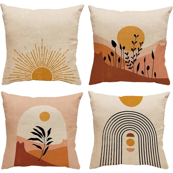 Terracotta Bohemian Pillow Covers 18x18 Set of 4, Geometric Abstract Decorative Throw Pillows for Couch & Bed, Modern Mid Century Sun Sunset Sunrise Theme Indoor & Outdoor Decor