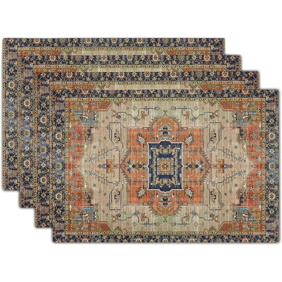 Terracotta Boho Placemats Set of 4 Vintage Persian Rust Retro Carpet Linen Washable Kitchen Dining Table Mats Stain Heat-Resistant Desktop Decor Place Mats for Home Party Indoor 12x18 in