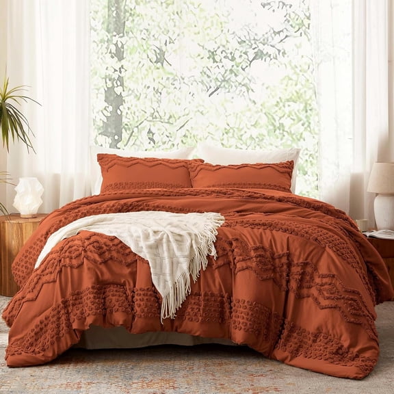 Terracotta Boho Tufted Comforter Set Size 3 count Boho Shabby Chic Comforter Embroidery Bedding Set Soft Comforter for Seasons (Terracotta, 104''x90'')