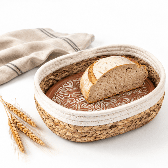 Terracotta Bread Basket With Warmer Stone, Handmade Serving Basket For Baked Goods