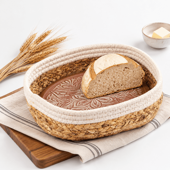 Terracotta Bread Basket with Warmer Stone, Handmade Ceramic for Bakers and Sourdough