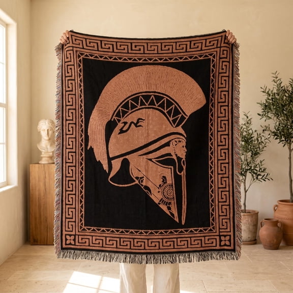 Terracotta Brown and Black Greek Warrior Helmet Woven Throw Blanket, 100% Cotton, Geometric Classical Style