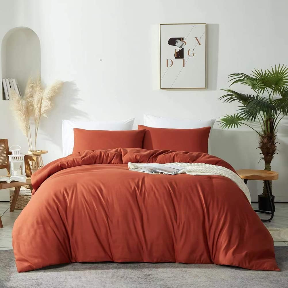 King Size Terracotta Burnt Orange Duvet Cover Set, Solid Color Caramel Bedding Set