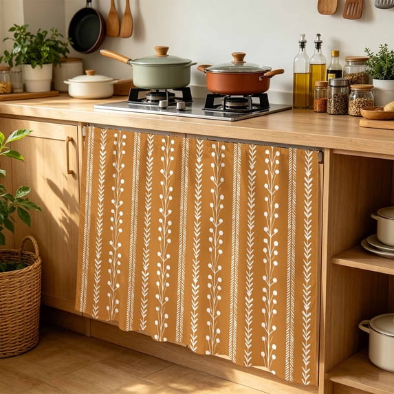 Terracotta Cabinet Curtains for Kitchen 35"Wx35"L, Rustic Vertical Dashed Lines Shabby Chic Leaf Cottagecore Laundry Sink Cabinets Magic Tape Short Curtain Privacy Panel for Bathroom Vanity Cabinets