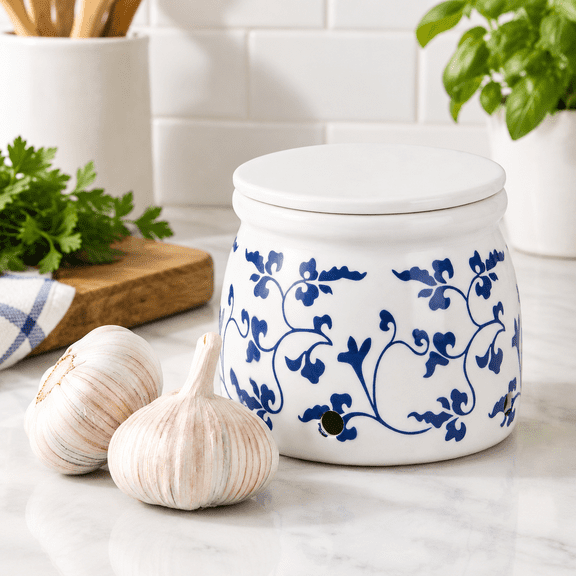 Terracotta Ceramic Garlic Keeper, Kitchen Counter Storage Container for Fresh Garlic