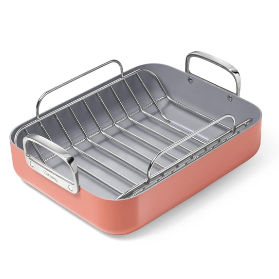 Terracotta Ceramic Roasting Pan with Stainless Steel Rack, 16x13 Inch ...