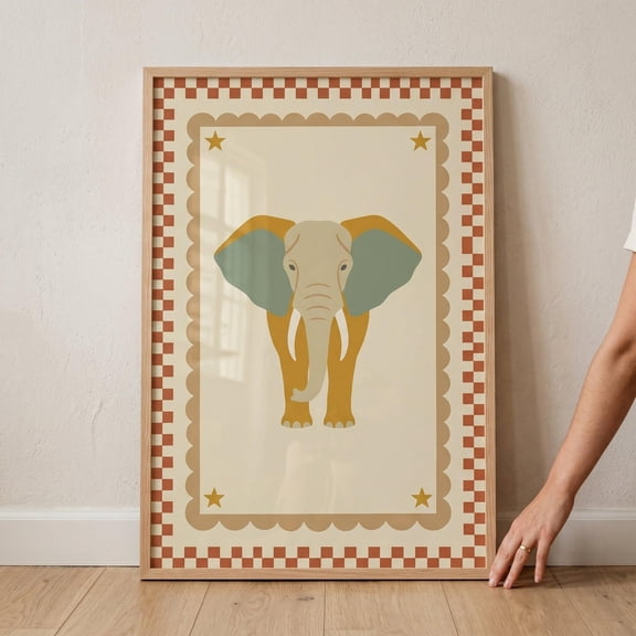 Terracotta Checkered Border Elephant Wall Art Circus Nursery Decor Boho Safari Animal Prin