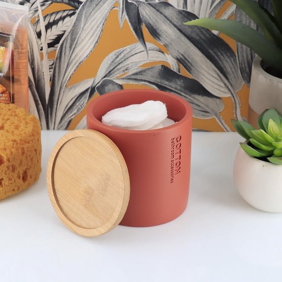 Terracotta Cotton Pad Holder - Polyresin Bathroom Storage Container with Bamboo Lid