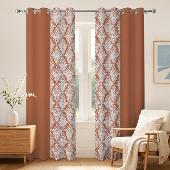 Terracotta Damask Floral Patchwork Curtains 2 Panels,52x63 Inch,Grommet Top,Room Darkening Thermal Insulated Window Drapes