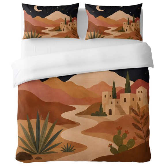 Terracotta Desert Night California King Duvet Cover Set, Boho Vintage Moon Agave Cactus Plants Decorative 3 Piece Bedding Set with Zipper Closure Soft Breathable Comforter Cover & 2 Pillowcases