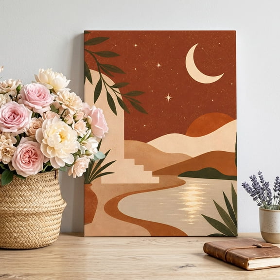 Terracotta Dessert Canvas Wall Art, Boho Vintage Abstract Crescent Moon Archway Framed Picture Canvas Wall Art Print Decor Artwork Decorations for Living Room Bedroom Ready to Hang 32" x 24"