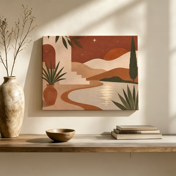 Terracotta Dessert Canvas Wall Art, Boho Vintage Abstract Crescent Moon Archway Wall Art Prints Artwork Framed Canvas Ready to Hang Art Pictures for Hallway Living Dining Room Bedroom 24" x 16"
