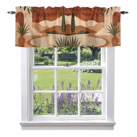 Terracotta Dessert Valance Curtain 1 Panel, Boho Vintage Abstract Crescent Moon Archway Kitchen Valance with Rod Pocket Window Treatment Short Curtains for Bathroom Bedroom, 42 x 12 Inches