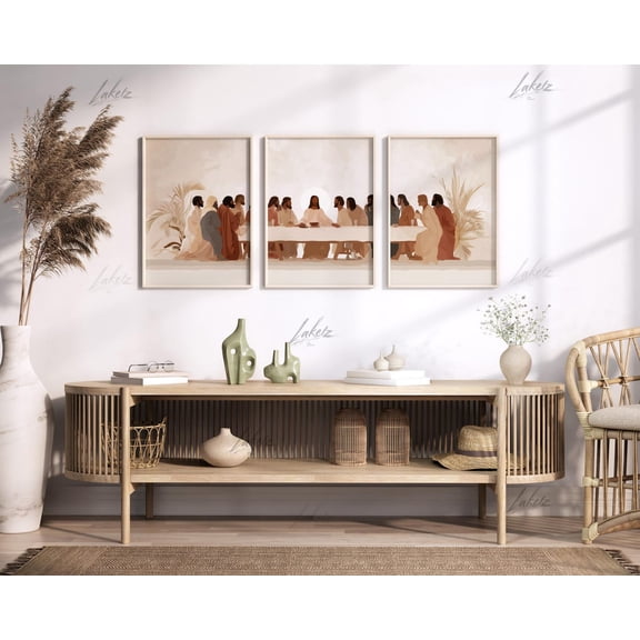 Terracotta Dinner Scene Mid Century Wall Art Set 3 Unframed Paper Print 8x12