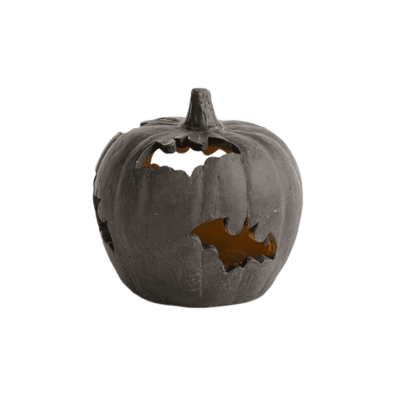 Terracotta-Effect Bat Cutout Pumpkin, Halloween LED Light Up Resin Pumpkin Lantern with Bat Hollow Design, Rustic Decorative Pumpkin for Indoor Outdoor Tabletop Mantel Holiday Party Decor