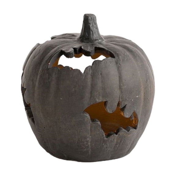Terracotta-Effect Bat Cutout Pumpkin, Halloween LED Light Up Resin Pumpkin Lantern with Bat Hollow Design, Rustic Decorative Pumpkin for Indoor Outdoor Tabletop Mantel Holiday Party Decor
