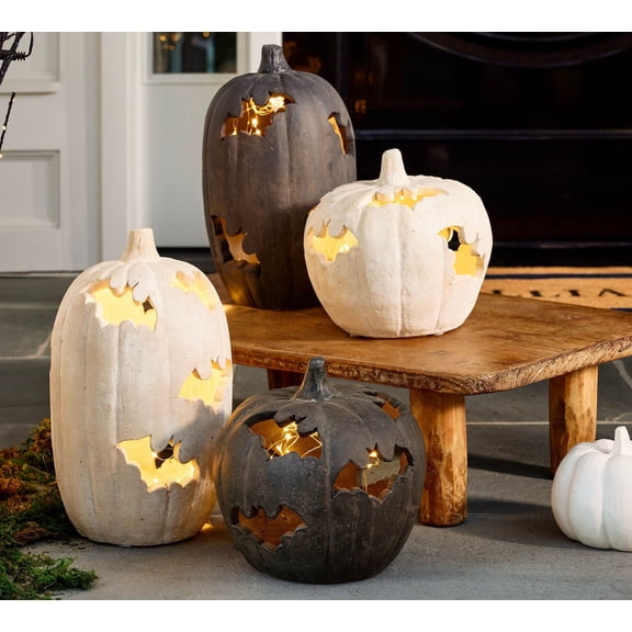 Terracotta-Effect Bat Cutout Pumpkin, Halloween LED Light Up Resin Pumpkin Lantern with Bat Hollow Design, Rustic Decorative Pumpkin for Indoor Outdoor Tabletop Mantel Holiday Party Decor