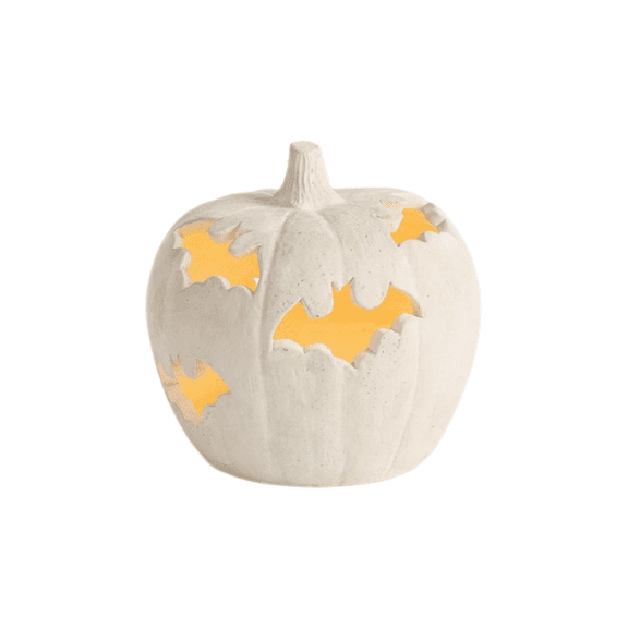 Terracotta-Effect Bat Cutout Pumpkin, Halloween LED Light Up Resin Pumpkin Lantern with Bat Hollow Design, Rustic Decorative Pumpkin for Indoor Outdoor Tabletop Mantel Holiday Party Decor