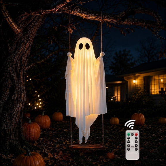 Halloween Hanging Swing Ghost Decoration, 3Ft Light up White Floating Fabric Ghost with Solar LED, Large Spooky Cute Indoor Outdoor Decor for Garden Yard Tree Porch Party Decoration, 31.5"