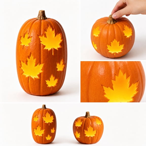 Terracotta-Effect Maple leaves Cutout Pumpkin, Rustic Farmhouse Style Glowing Pumpkin Decor, Maple Leaves Cutout LED Lamp for Halloween Window Front Porch Displays