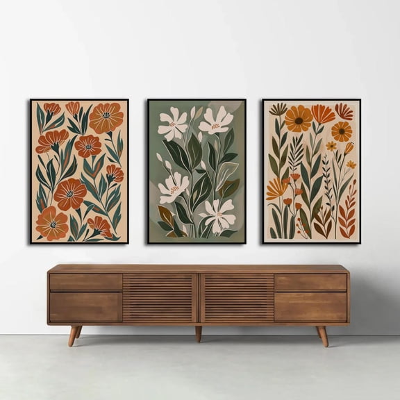 Terracotta Floral Boho Botanical Mid Century Gallery Wall Sage Green Earthy Retro 70s Flower Art Set 3 Stretched Canvas 16x24
