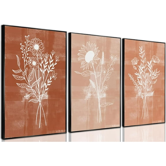Terracotta Floral Canvas Wall Art Mid-Century Flowers Bouquet Pictures Vintage Farmhouse Botanical Poster Prints Abstract Floral Wall Decor for Living Room Bedroom Office Bathroom Unframed