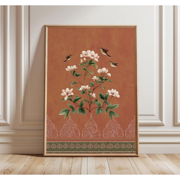 Terracotta Floral Hummingbird Indian Botanical Wall Art Poster Unframed Paper Print