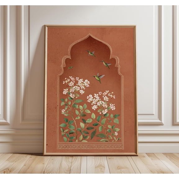 Terracotta Floral Indian Botanical Hummingbirds Elegant Heritage Home Decor Unframed Paper Print