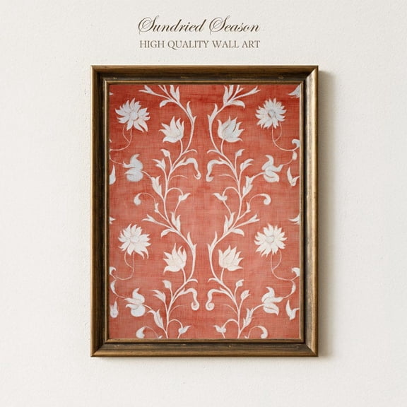 Terracotta Floral Wall Art Print, Embroidered Burnt Clay & White Vine Pattern, Earthy Boho Accent For Bedroom, Mediterranean Home Kitchen, Unframed Poster Size 16x24