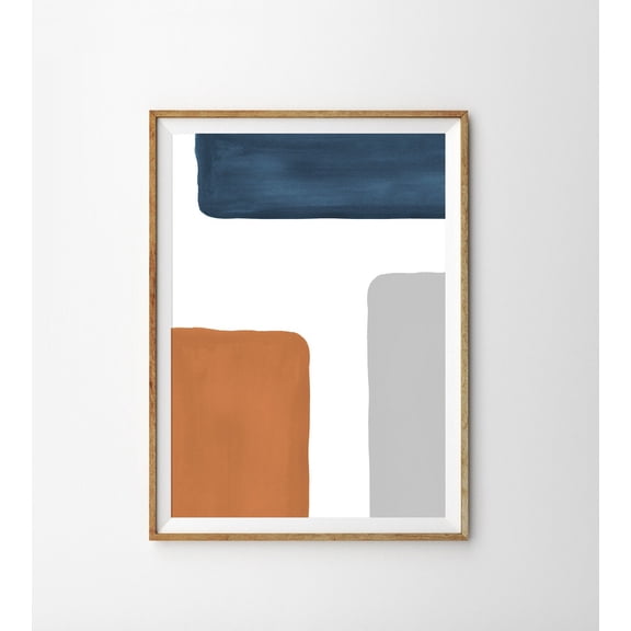 Terracotta Indigo Blue Abstract Geometric Shapes Mid Wall Art Print, Refined Modern Design Theme For Living Room And Gallery Wall Decor