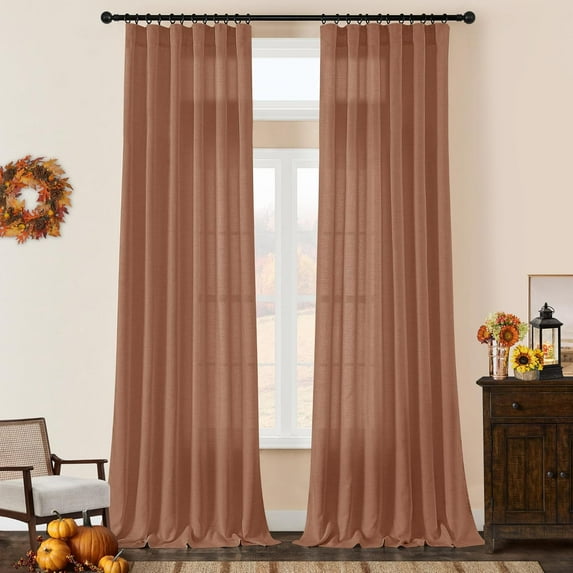Terracotta Linen Curtains 132 Inch Length 2 Panels for High Living Room Semi Sheer Light Filtering Extra Long 132 Inch Curtains Ceiling Linen Drapes Sliding Door Rod Pocket Hook Belt W50xL132