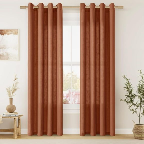 Terracotta Linen Curtains 84 Inch Length 2 Panels Set for Living Dining Room Grommet Light Filtering Semi Sheer Drapes Boho Farmhouse Rustic Rust Colored Window Curtains 84 Inches Long for Bedroom