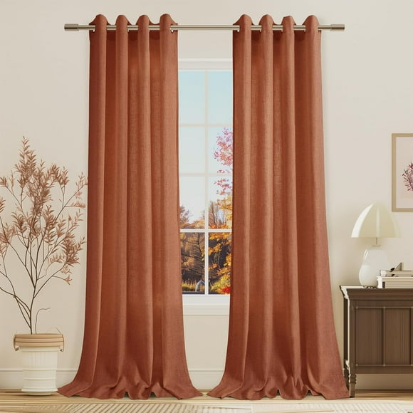 Terracotta Linen Curtains 90 Inch Length 2 Panels for Living Room Bedroom, Light Filtering Sheer Curtains 90 Inches, Elegant Modern Grommet Semi Sheer Soft Privacy Drapes