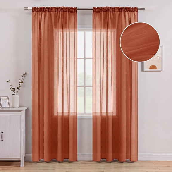 Terracotta Linen Textured Sheer Curtains 2 Panels for Bedroom Living Room Semi Transparent Voile Drapes Rust Boho Orange Rustic Decor Window Panels Rod Pocket