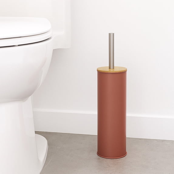 Terracotta Metal Toilet Brush and Holder Set With Bamboo Lid