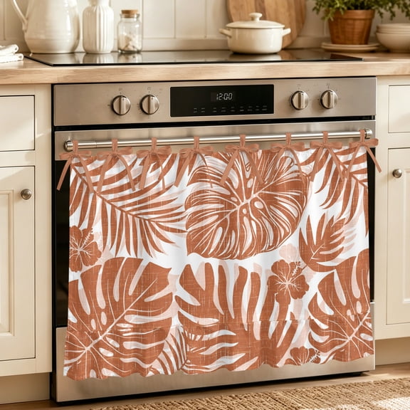 Terracotta Monstera Oven Curtain with Tie Top,Oven Skirt Curtain for Kitchen,Palm Tree Leaf Boho Botanical Tropical Under OvenCover Panel for Dust & Grease,Apartment RV Cabinet Curtains 27''x20''